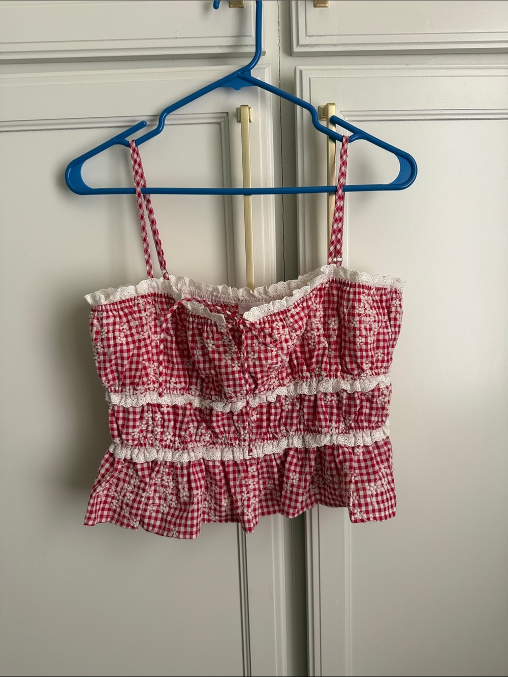 Red Gingham Smocked Lace-Trim Cami Top